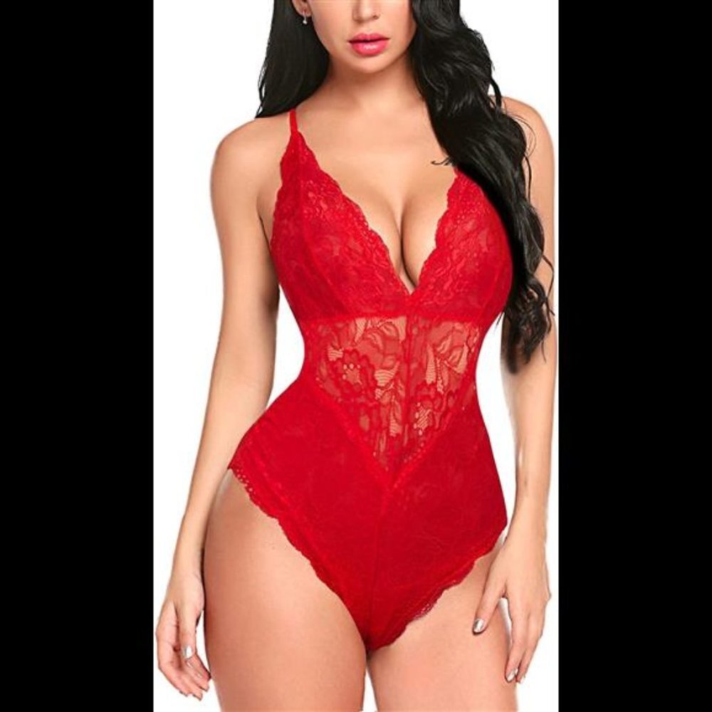 Women Snap Crotch Lingerie Sexy Lace Bodysuit Deep V One Piece - Picture 1 of 6